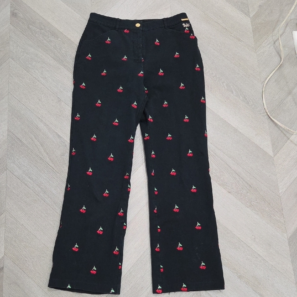 St John Sport Cherry Embroidered Navy Pants, Size 10